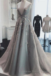 Deep V Neck Sleeveless Semi Formal Prom Dresses Long Party Gown with Appliques